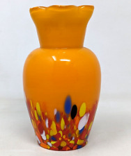 VTG Hand Blown Orange Art Glass Confetti Splatter Spatter Scalloped Vase LT22 picture