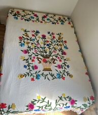1970s Sears Chenille Bedspread Folk Art Collection Lg Queen Fringe Floral Vtg picture