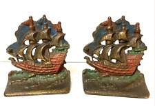 Vintage Painted Cast Iron Galleon Sailing Ship Bookends picture