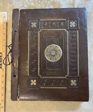 Vintage 1930s-1940s Scrapbook Leather Brown ornate Raised Cover Design +Pages picture