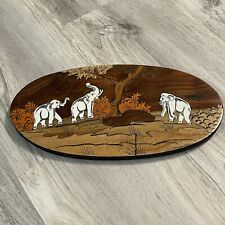 Vintage Inlaid Indian Marquetry Carved Wood Wall Plaque Art ELEPHANTS Tree 13x6 picture