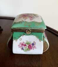 GORGEOUS ANTIQUE HAND PAINTED PORCELAIN JEWELRY BOX HINGED FLORAL GREEN 3.5”x4” picture
