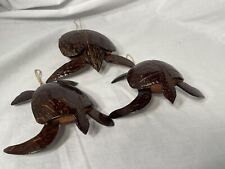 Vtg Iron Wood Sea Turtle Hand Carved High Luster Hangin Figurine  Decor Set Of 3 picture