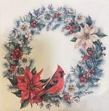 TWO Individual Decoupage Paper Lunch Napkin Christmas Wreath Cardinal Bird picture
