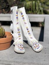 Vintage 1970s Taos White Leather Beaded Knee High Moccasin Boots picture