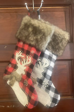 Lot of 2 Christmas Stocking Reindeer Fur Red White Black Buffalo Plaid Snow Set picture