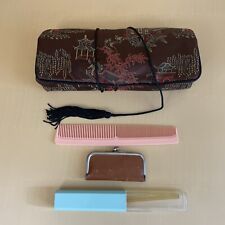 VTG Japanese Cosmetic & Travel Bag Silk-Zipper Pouches & Tie String-Unused picture
