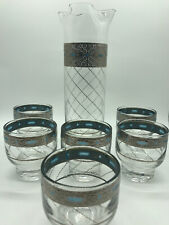 Vintage MCM Culver Set 6 Whiskey Glasses and Pitcher Wavy Lip Blue Silver RARE picture