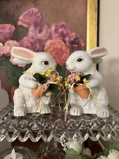Vtg Kitschy Easter Bunnies Rabbits Ceramic Pair Of Two  Pink Ears 1980s Light Up picture