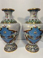 Vintage Cloisonné Vases 12” Fierce Double Dragon Turquoise Set of 2 Included picture