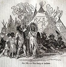 A War Party Of Native Americans 1845 Woodcut Print Victorian Revolution DWY9C picture