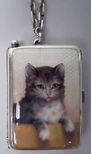 Antique Compact Pretty Kitty Cat Vanity Powder European Silver Enamel picture
