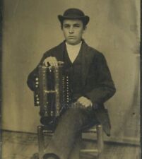 Young Dapper Accordion Musician 1860 Tintype Music Instrument Bowler Hat Photo picture