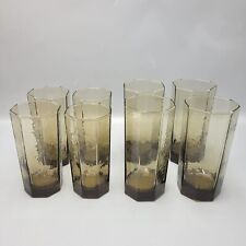 Vintage Libbey Facets Octagon Tumblers & Juice Glasses Smokey Brown Set Of 8 MCM picture