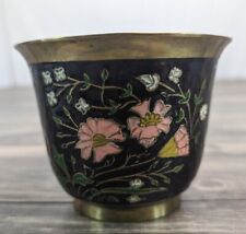Vintage Solid Brass Enamaled Bowl Deep Red With Flowers  4” Tall  5” Wide picture