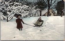 1912 Winter Sports Greetings Postcard Girl Pulling Sister in Sled -Danish Cancel picture
