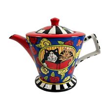 Catzilla 2005 Candace Reiter Cats Reading Red & Yellow Roses Large Teapot picture