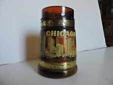 VINTAGE CHICAGE IL. AMBER GLASS & WOOD SOUVENIR BEER STEIN MUG picture