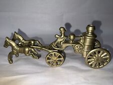 Small Brass Water Pump Wagon With Fireman Being Drawn By A Pair Of Horses VTG picture