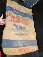 Vtg Red Rose Dairy Feed Burlap Bag Dairy Cow 26in x 39in Farm House Barn Country picture