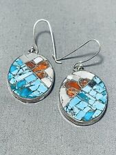 FAB VINTAGE SANTO DOMINGO JOHN AND MARY STERLING SILVER INLAY TURQUOISE EARRINGS picture