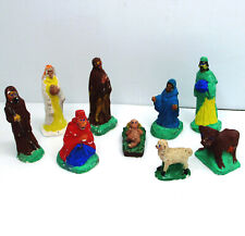 Vintage 1949 Handmade by a Child Chalkware Plaster Nativity 1940s Christmas 9pcs picture