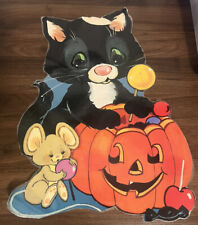 Vintage 1980s 2 Halloween Cutout Decorations Black Cat Pumpkin Kitsch Laminated picture