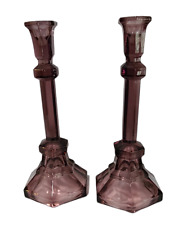 Vintage Pair Purple Pressed Glass Candlesticks 10'' High picture