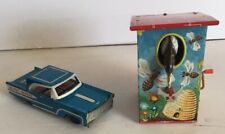 Pair Of Tin Toys Vintage LBZ Mechanical Birdhouse Coin Bank Works & Tin Car picture