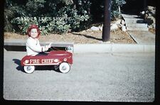 #776 Slide 1959 Smiling Boy Riding Red Fire Chief Pedal Toy Car Fireman Helmet picture