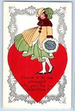 Valentine Postcard Big Heart Pretty Girl With Flowers Bouquet Embossed c1910's picture