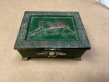 Vtg bull fighting  Footed Metal Jewelry Trinket Box Silver Tone wood Lining picture