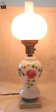 Vintage Hurricane Table Lamp Milk White Glass Thick Globe Painted Roses  picture