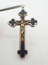 Antique Religious Rosary Cross Crucifix Pendant Germany Ebony Wood Inlay picture