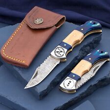 Damascus handmade back lock Folding pocket knife camping Hunting Knife Pouch picture