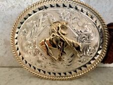 VTG MONTANA SILVERSMITH RODEO LRG BELT BUCKLE & HAND TOOLED OSTRICH LEATHER BELT picture
