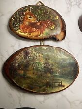 2 Vintage Wood Slice Wall Hangings/ Plaques -deer, Lake House Cabin Core USA picture