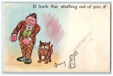c1905 I'll Kick The Stuffing Out Of You Bunny Rabbit Man Pitbull Postcard picture
