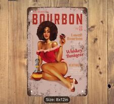 Bourbon Tin Metal Sign Vintage Decor Collectible Pinup Girl picture