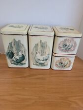 Vintage Cheinco 4 Piece Metal Stacking Canister Set Cream W Red Trim And Chicken picture