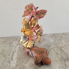 Vintage Copper & Brass Butterfly Sculpture with Leaves On Wooden Base. picture