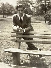 WB Photograph Handsome Man Wearing Suit Leaning On Park Bench 1940's  picture