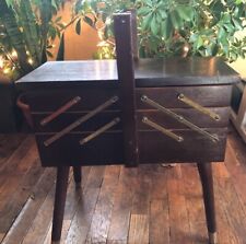 vintage accordion style wooden sewing caddy with vintage contents picture