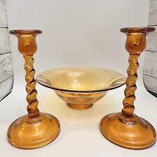 Vintage Cambridge Amber Glass Pair Twisted Glass Candle Holders Sticks and Bowl picture