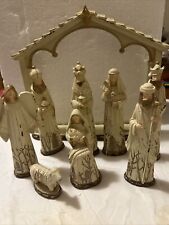 Christmas Nativity White Distressed Carved-Look Cathedral 8pc Set Cottagecore picture