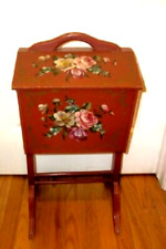 1930s WOOD SEWING BOX STAND HP TOLE ROSES FLOWERS RED ANTIQUE RARE DOUBLE LID picture