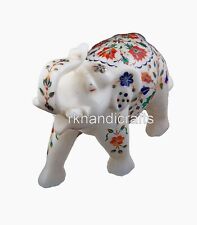 7 Inches Marble Elephant Statue Natural Gemstone Inlay Work Table Master Piece picture