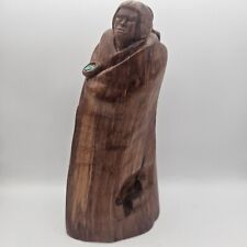 Native American Indian Wood Carving Statue Mother Child Village Turquoise Accent picture