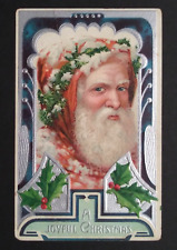 A Joyful Christmas Old World Santa w/ Orange Cloak Embossed Postcard c1900s picture