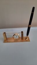 Small Gold Toned Desk Set Clock Pen and Business Card Holder Chass picture